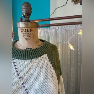 Vintage Evergreen and Cream Diamond Argyle Grandpa Golf Sweater Size Medium